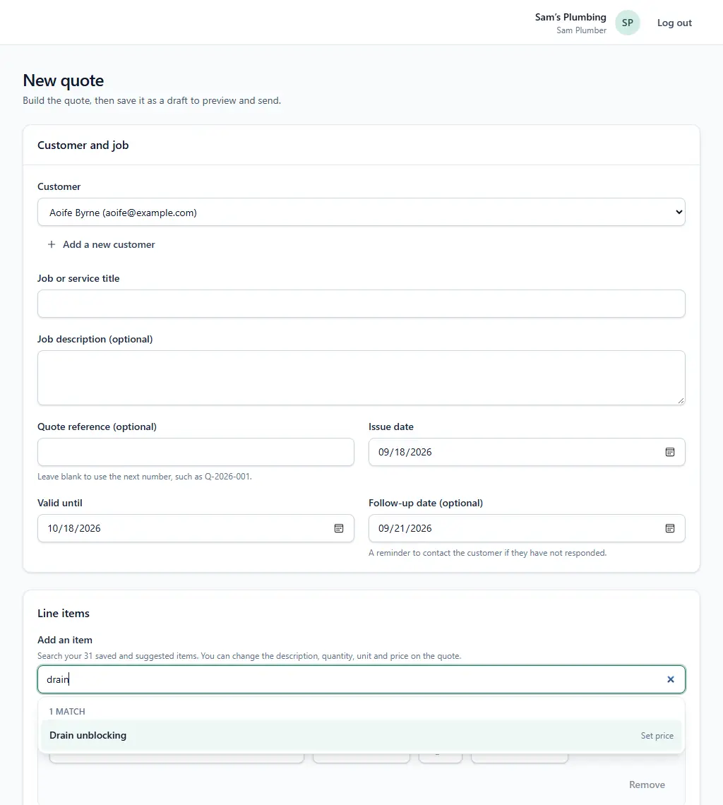 The QuoteFollow quote builder for a plumbing business, with a follow-up date set and a drain unblocking item being added from the saved price list